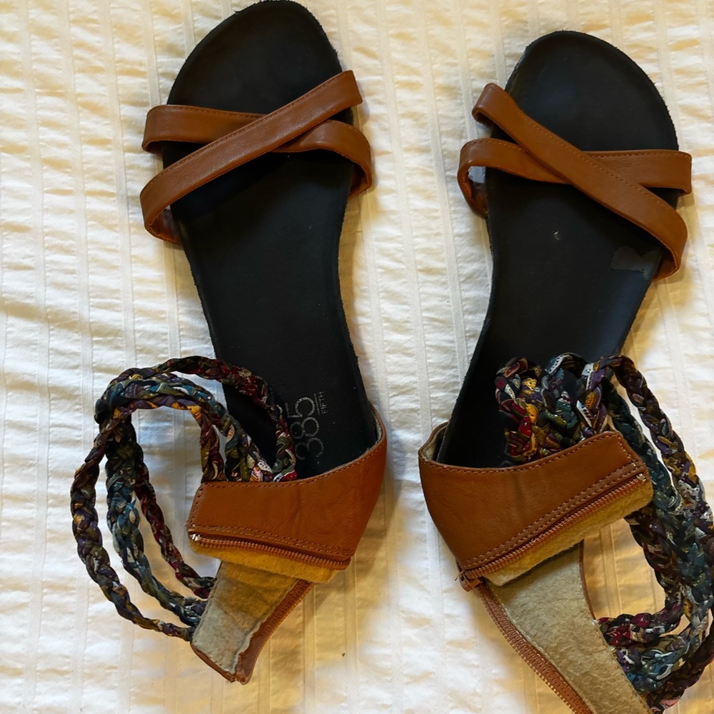 385 brand Women’s Brown Leather Strappy Sandals with Braided Ankle Ties